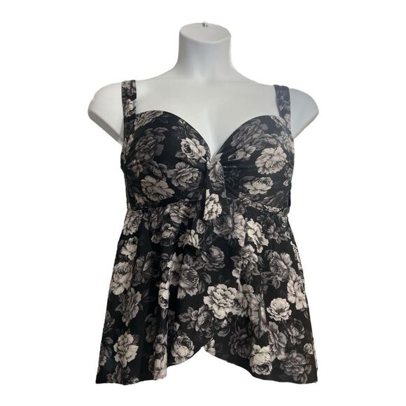 Torrid Black Grey Floral Retro Tankini Top Plus Size 1F Slit Swimwear Women - Picture 1 of 12